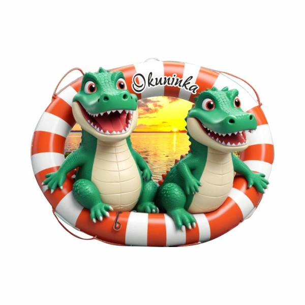 Drewniany magnes Dwa Krokodyle w kole ratunkowym