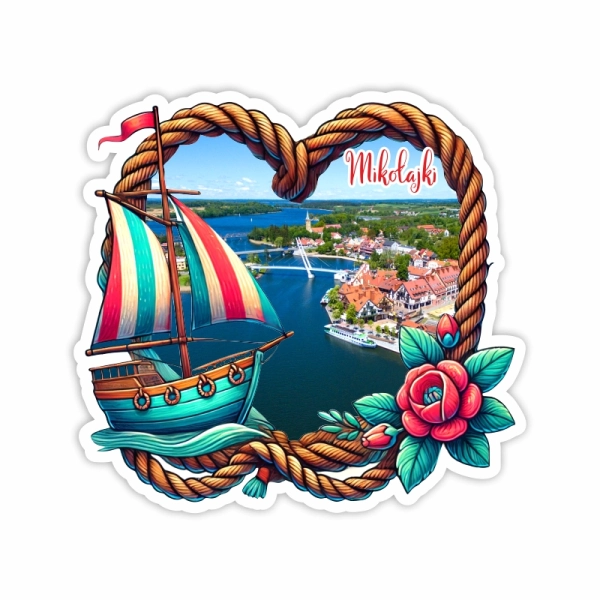 Drewniany magnes Kolorowa żaglówka z widokiem