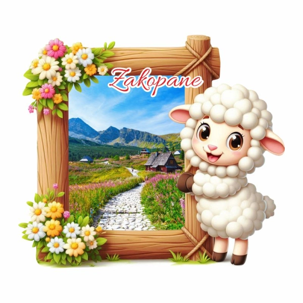 Drewniany magnes Owca z ramką N2