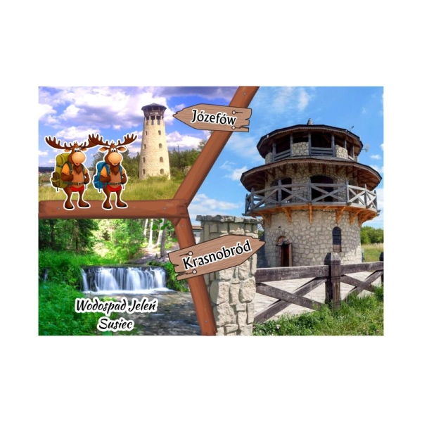 Drewniany magnes Pocztówka z Łosiami+drogowskaz