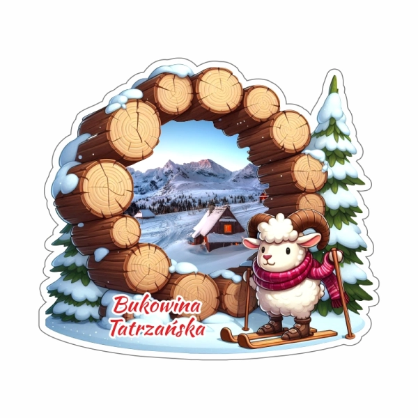 Drewniany magnes Baran z nartami N1