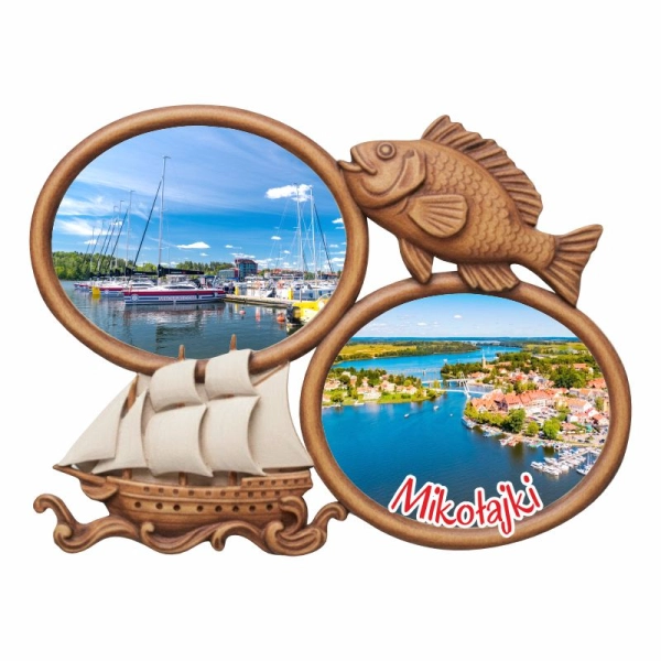 Drewniany magnes Ryba z owalem i żaglówką