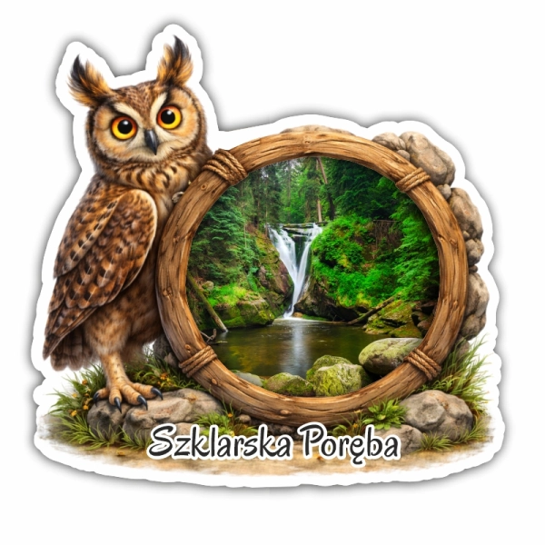 Drewniany magnes Sowa z widokiem skalnym