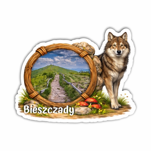 Drewniany magnes Wilk z widokiem skalnym