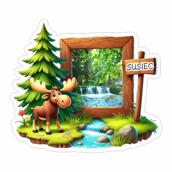 Drewniany magnes Łoś z widokiem i rzeką N1