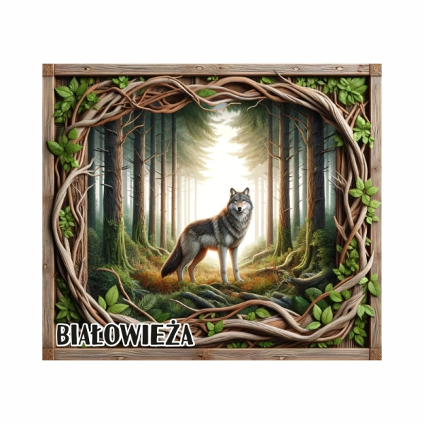 Drewniany magnes Wilk w przeplatanej ramce