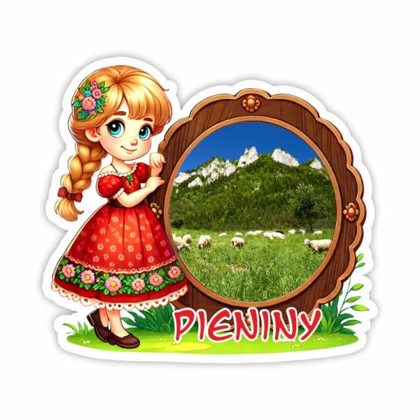 Drewniany magnes Góralka z widokiem