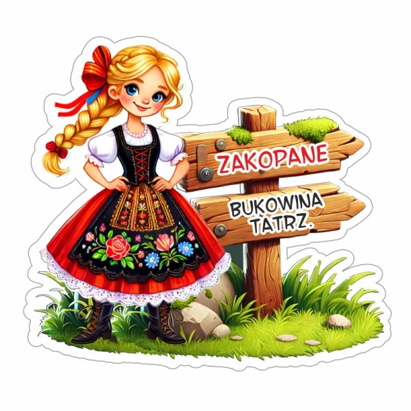 Drewniany magnes Góralka z drogowskazem UV