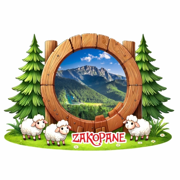 Drewniany magnes Ramka z owcami + widok