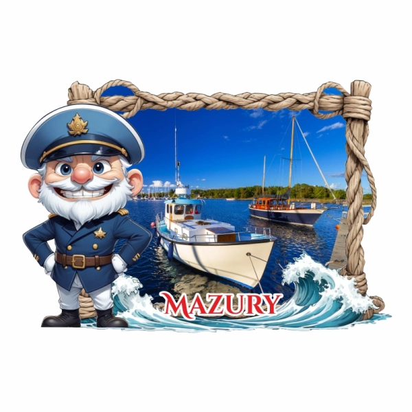 Drewniany magnes Kapitan z ramką na fali