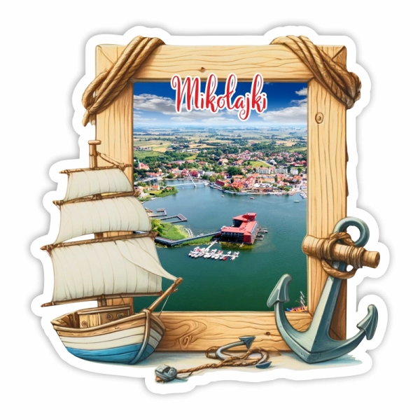 Drewniany magnes Ramka z kotwicą+statek