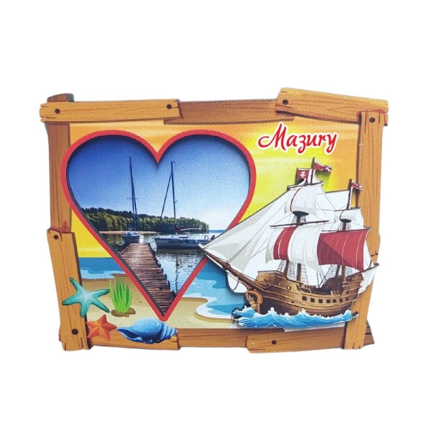 Drewniany magnes Ramka z wyciętym sercem- statek