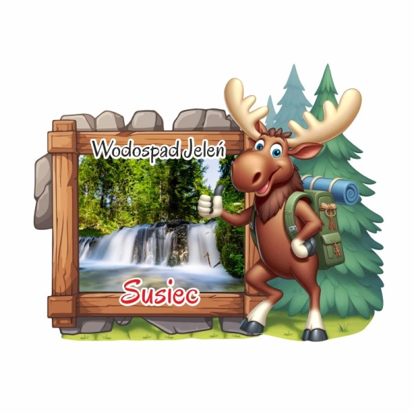 magnes łoś z drewnianą ramka i widoczkiem