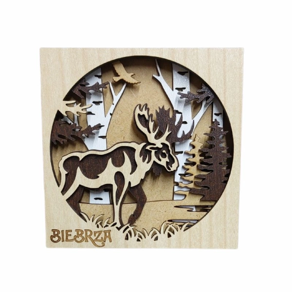 Drewniany magnes 5D N16 Łoś z Brzozą