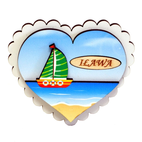 Magnes drewniany w kształcie serca, z widoczkiem nadrukowanym techniką UV