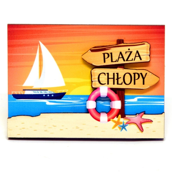 Magnes drewniany z żaglówką i widokiem na morze