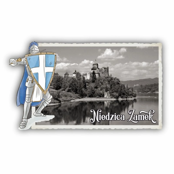 Prostokątny magnes na lodówkę z widokiem w postarzanym stylu oraz rycerzem z niebieską peleryną, magnes Szczytno, magnes