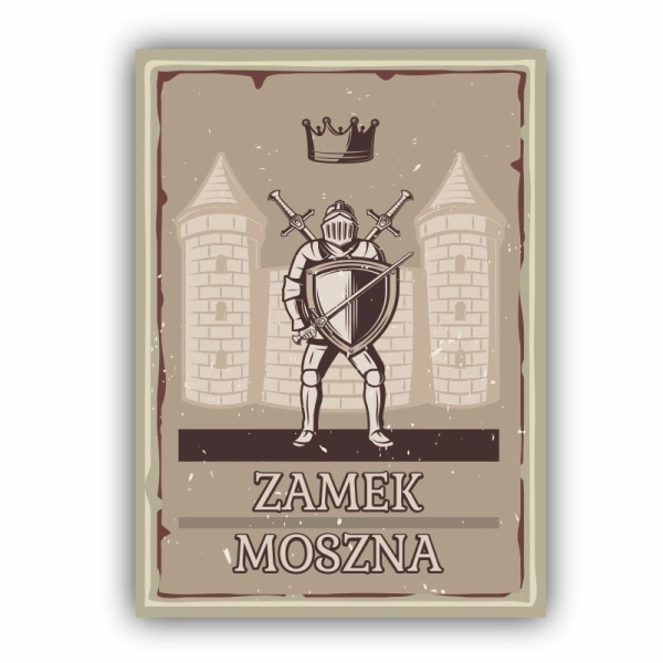 magnes na lodówkę z grafiką rycerza stojącego na tle zamku