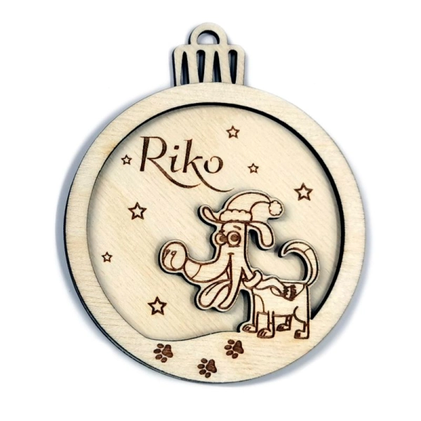 Drewniana bombka z grawerowanym psem i imieniem, drewniana bombka z grawerem